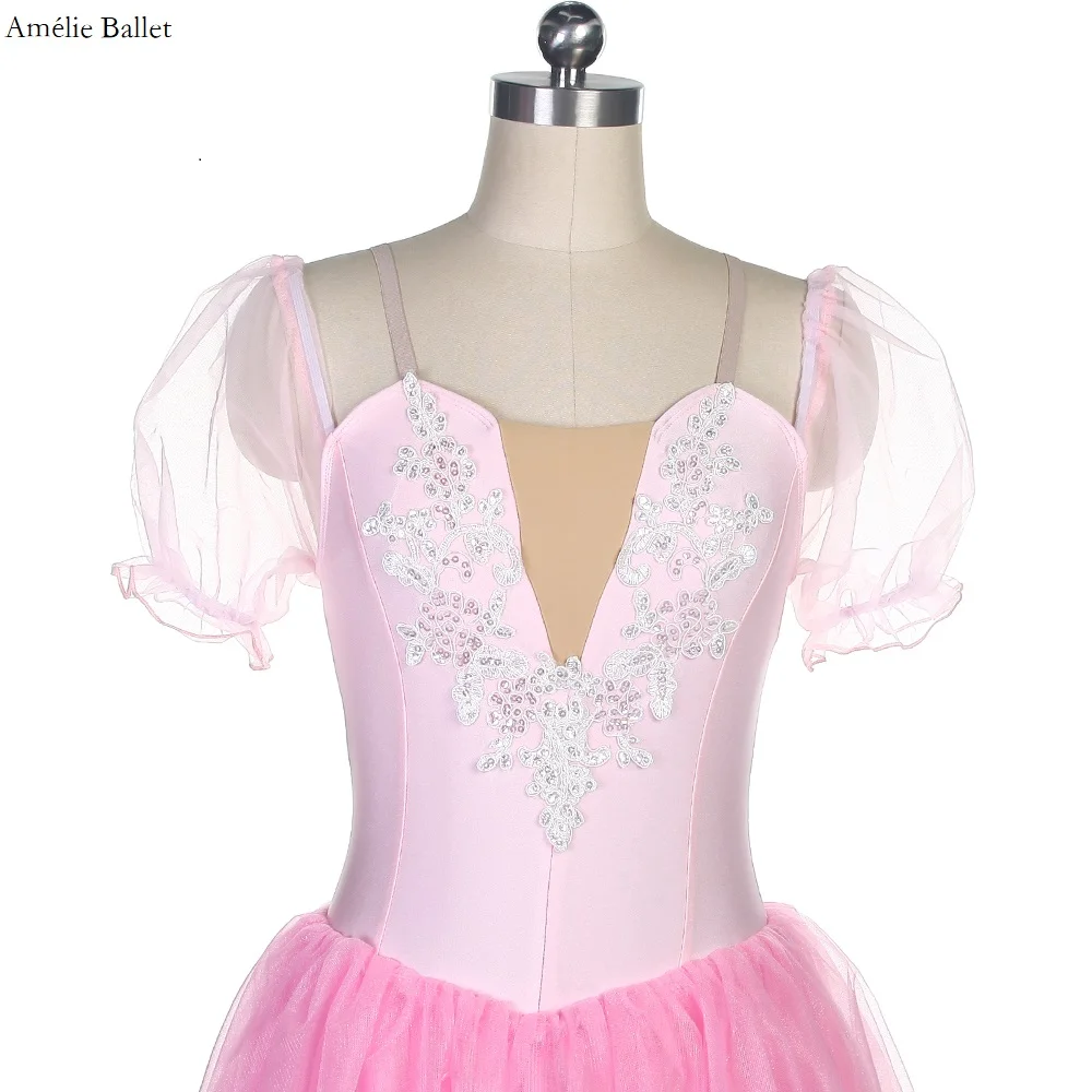 19024 جديد الوردي دنة صد نفخة الأكمام الزهور البيضاء تقليم الفتيات l والنساء فستان رقص الباليه رومانسية فستان طويل الباليه #5