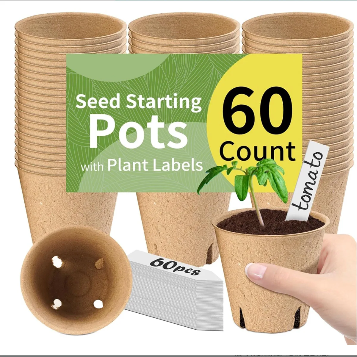 

Environmentally Friendly Biodegradable Seedling Pots - Sustainable Plant Pulp Seedling Pots with Drain Holes, Including Free Plant Marks for Home Gardening (20/60/130 Packs)