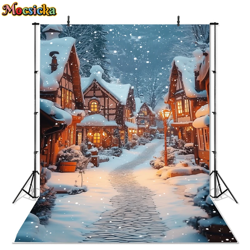 Mocsicka Winter Christmas Town Photography Backdrops Holiday Party Kids Adult Portrait Photo Background Night Lights Decor Props