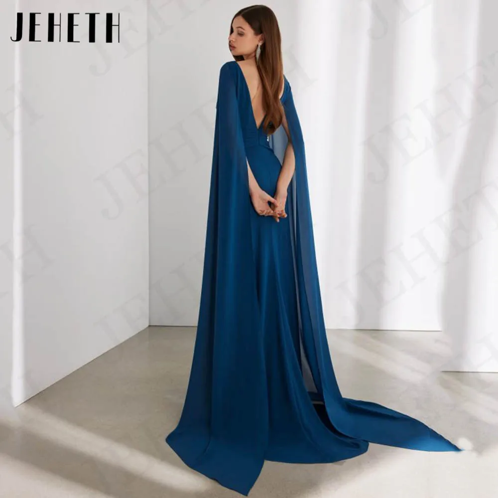 JEHETH Arábia Saudita Chiffon Vestidos de Noite Mulher Elegante Com Mangas Cabo Dividir A Linha Ocasião Especial Vestido robe de soirée Vestidos de