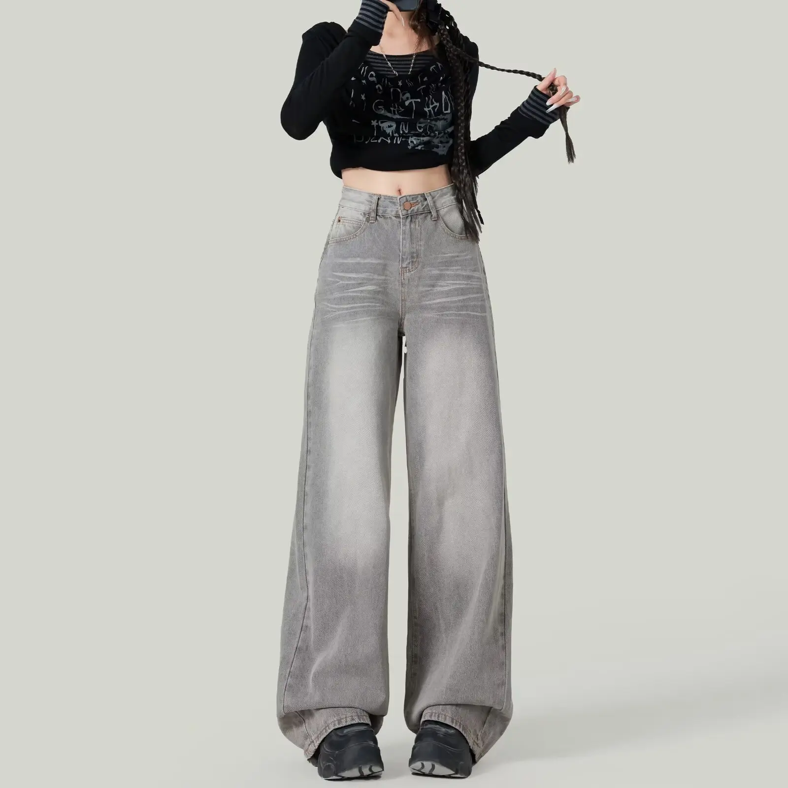 Amerikanische Retro-Jeans mit weitem Bein in Grau gewaschen für große Frauen, neue hoch taillierte, lockere Passform, schlankmachende Bodenhose mit geradem Bein