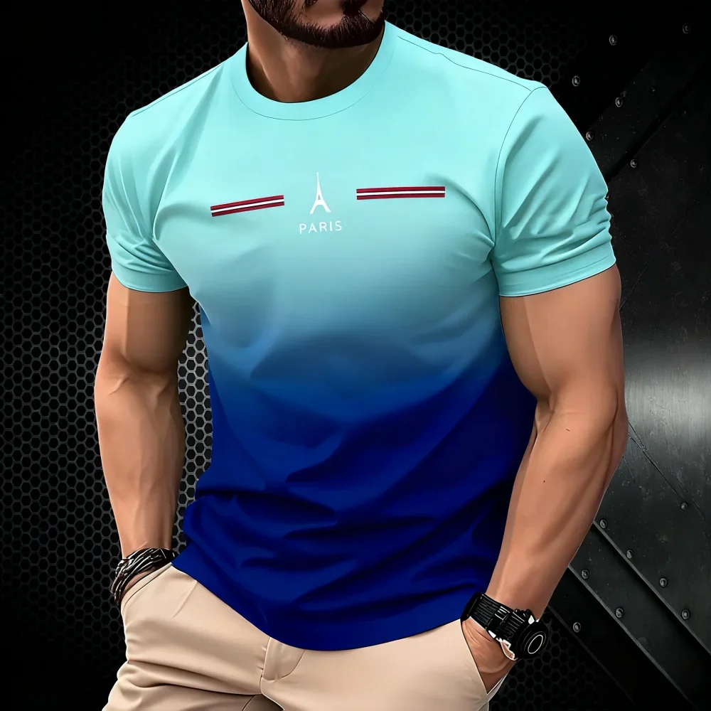 Summer Men's Clothing 3D Gradient Simple Paris Printed Men's T-Shirt Daily Fashion Oversized  Sports Round Neck Short Sleeve Top image 6
