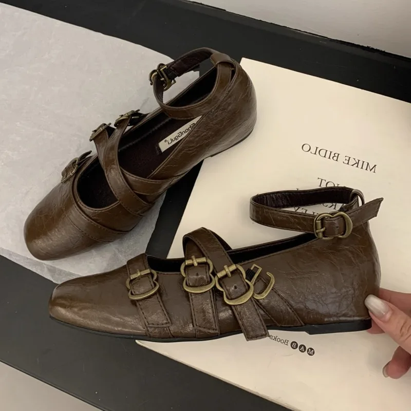 

Retro Narrow Band Buckle Decoration Mary Jane Shoes Women Fashion Round Toe Ankle Strap Designer Shoes Comfort Flat Casual Shoes