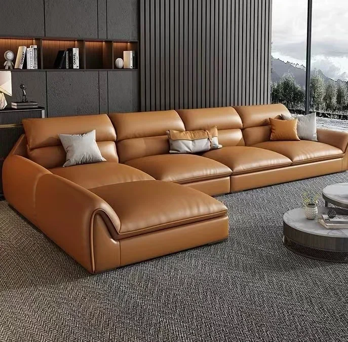 European leather sofa living room modern simple large apartment minimalist leather sofa