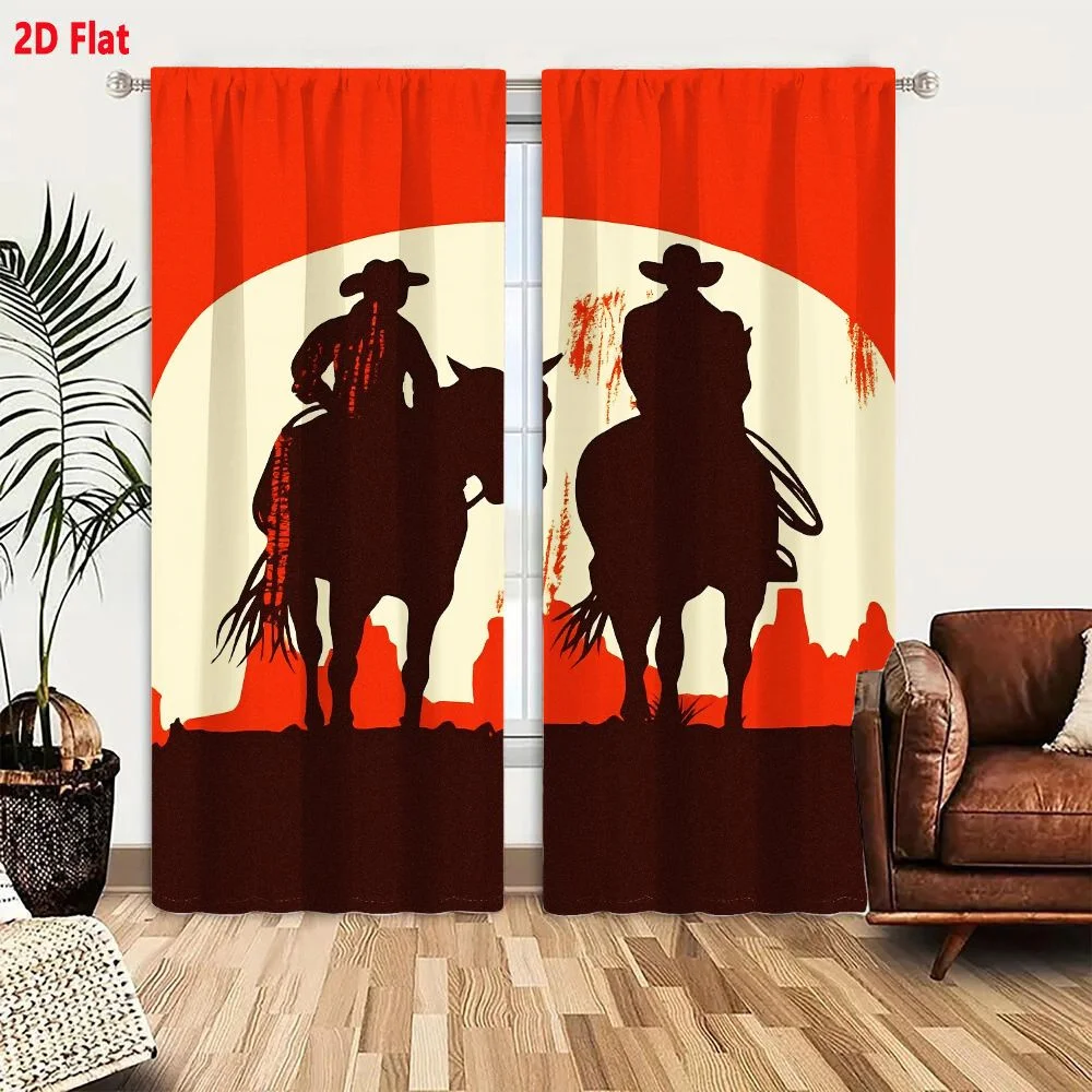 2Pcs Curtains 2D Flat Retro - Inspired Western Cowboy Silhouette Illustration With Horses Desert Rock Formations Sunset Backgrou
