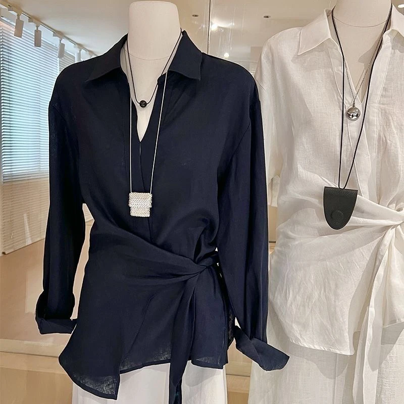 Women's Linen irt Loose Long Sve Knot Waist Design Classic Commute Sle Casual Loose Top Comfortable and versatile Breathable