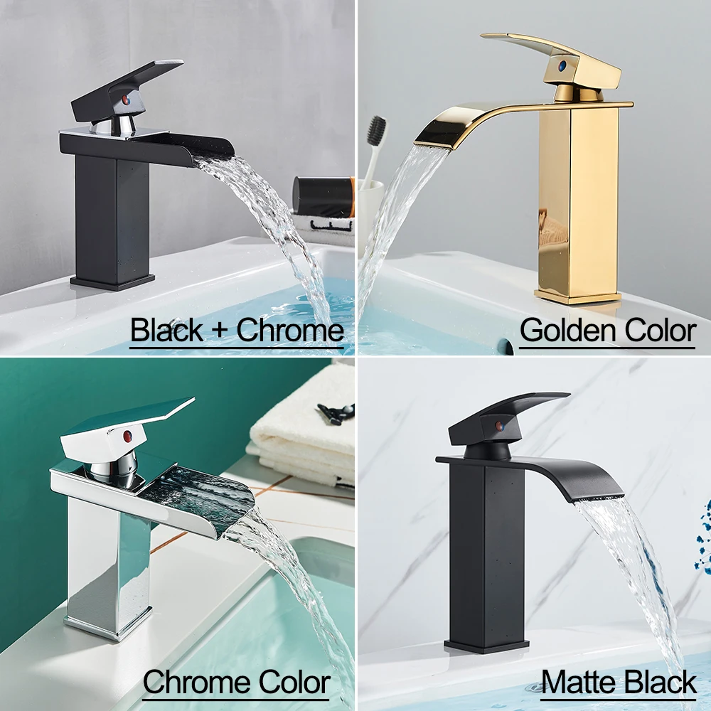 POIQIHY Brushed Gold Basin Faucet Deck Mount Waterfall Mixer Water Single Handle Bathroom Cold Hot Faucet One Hole Washbasin Tap