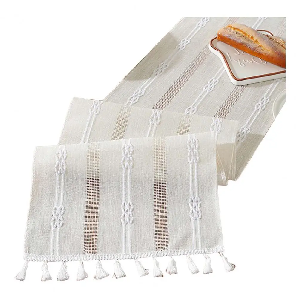 Rustic Table Runner Elegant Satin Wedding Party Table Runner with Nordic Style Hollow Out Tassel Design Stain-proof for Hotel