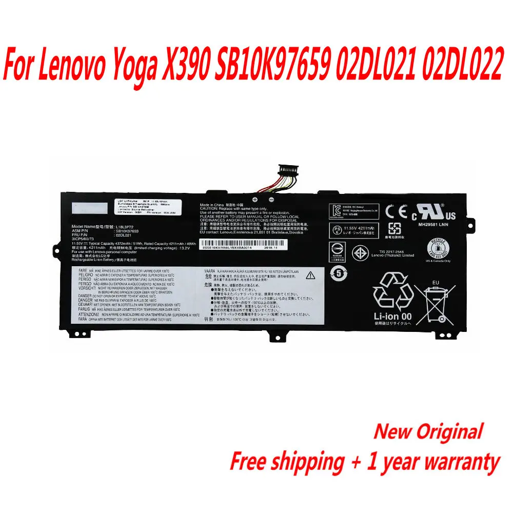 NEW L18L3P72 Laptop Battery For Lenovo Yoga X390 SB10K97659 02DL021 02DL022 L18M3P72 L18S3P72 SB10T8317 5B10W13 11.55V 51WH