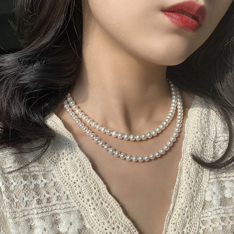 

Yesy Ve Women Pearls Necklace 14K Gold Plate French Top Quality Necklaces Luxury Elegant Neck Chain New Arrival