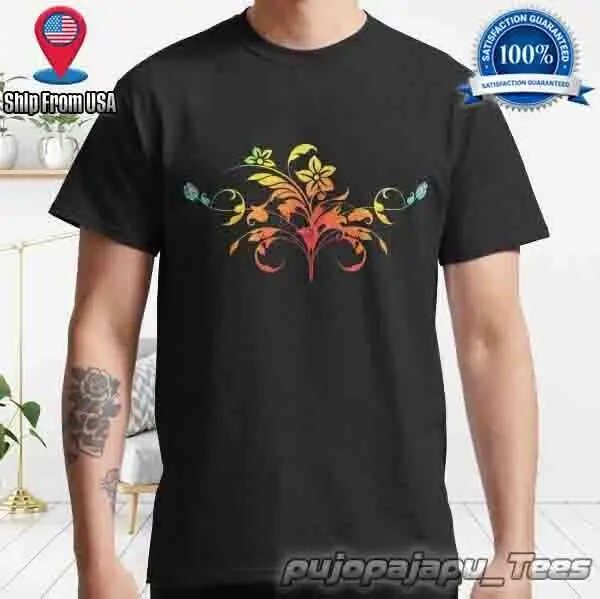 New Item Flowers and Fire American Funny  Logo Men's T-Shirt Size S-5XL