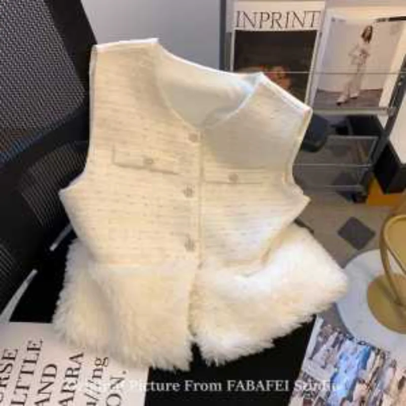 

Black Lamb Plush Women Winter High-end Tweed Cardigan Layered Vest Jacket