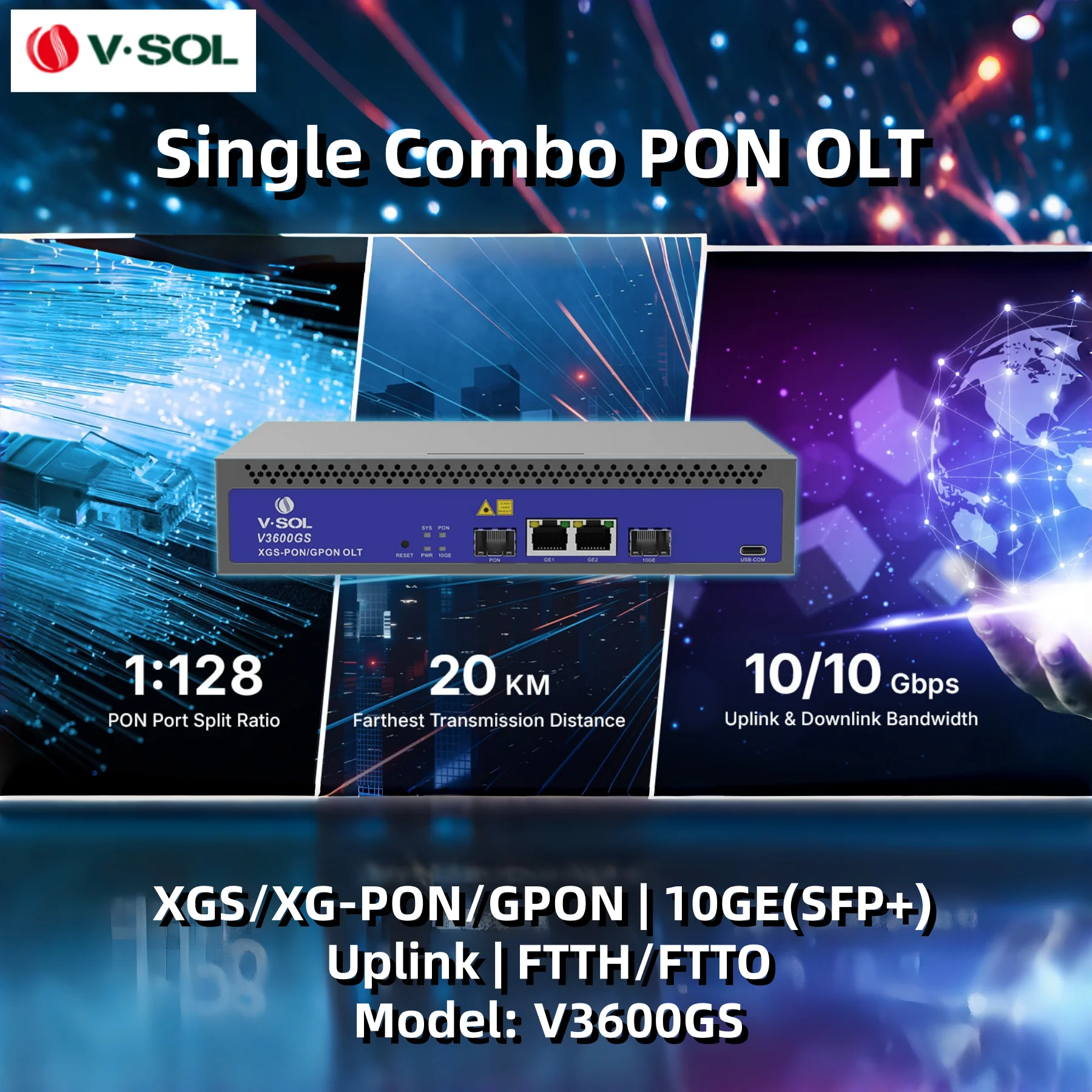 V·SOL V3600GS Компактный однопортовый комбо-OLT для PON (XG(S)-PON и GPON) V3600GS |   1*XG(S)-PON / GPON 2*GE(RJ45) + 1*10GE(SFP+) Uplink