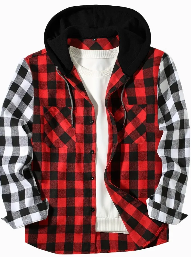 

Spliced long-sleeved plaid hooded shirt for men Spring and autumn business casual all comfortable loose shirt