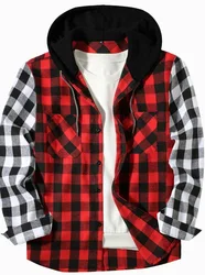 Spliced long-sleeved plaid hooded shirt for men Spring and autumn business casual all comfortable loose shirt