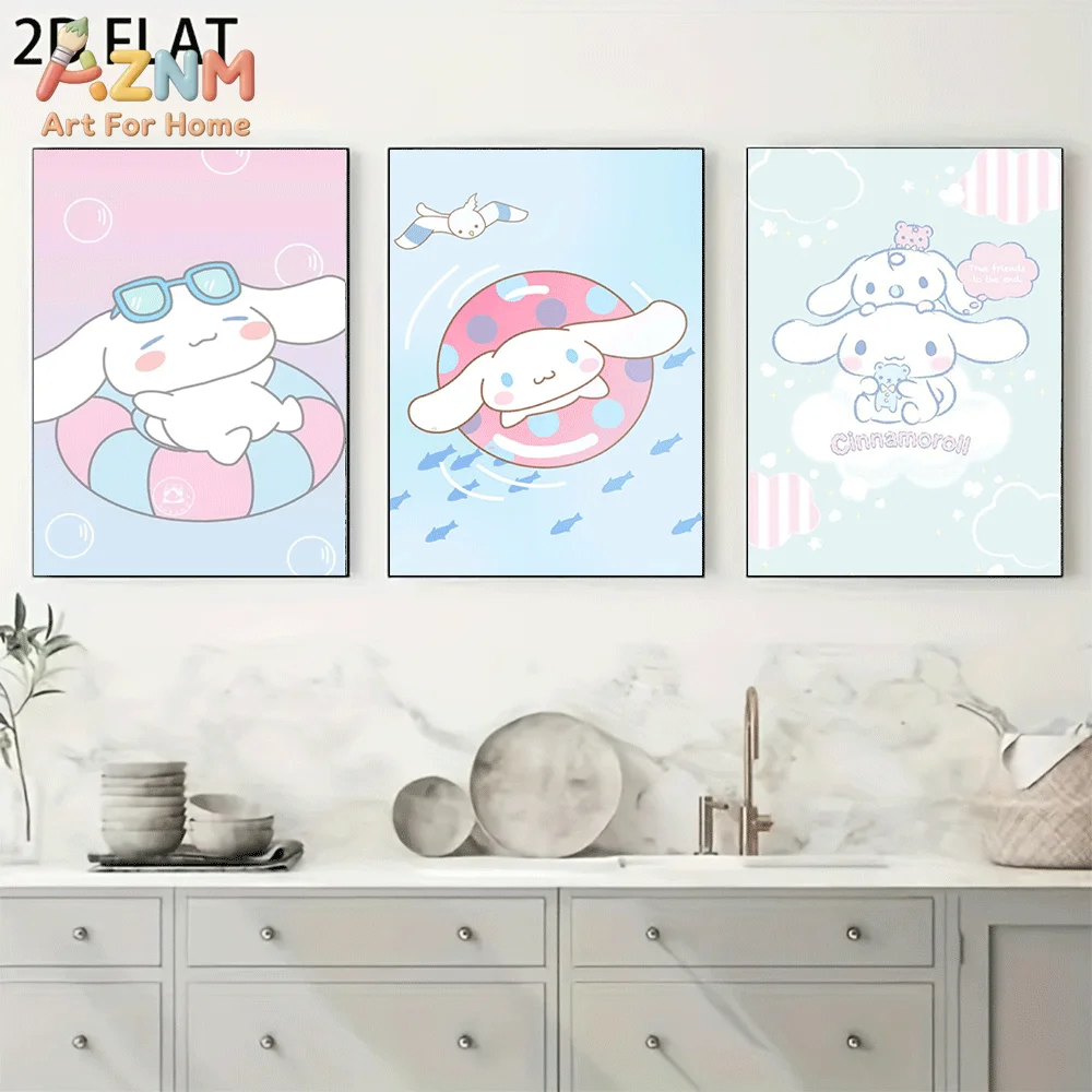 AZNM Cinnamoroll Canvas Wall Art Unframed Cute Cartoon Print Poster Swimming Ring Bubble Fish Cloud Kawaii Pastel Design for Gir