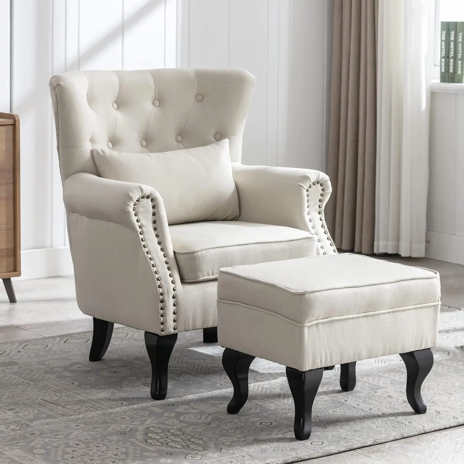 Mid Century Modern Tufted Wingback Armchair Linen Fabric Comfy Sofa with Ottoman for Bedroom Living Room, Customized