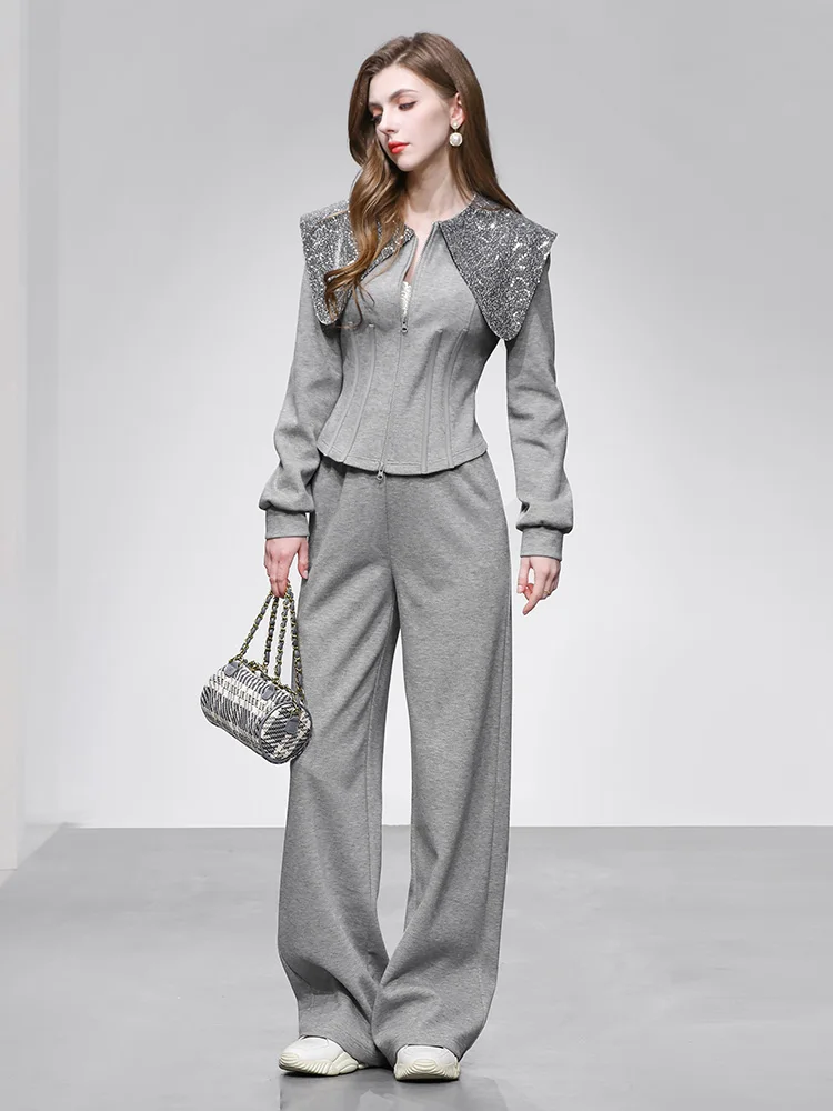 

Весенний повседневный комплект 2026: свитшот с воротником-стойкой и длинные брюки с высокой талией, удобный комплект из двух предметов с длинными рукавами и высоким воротником