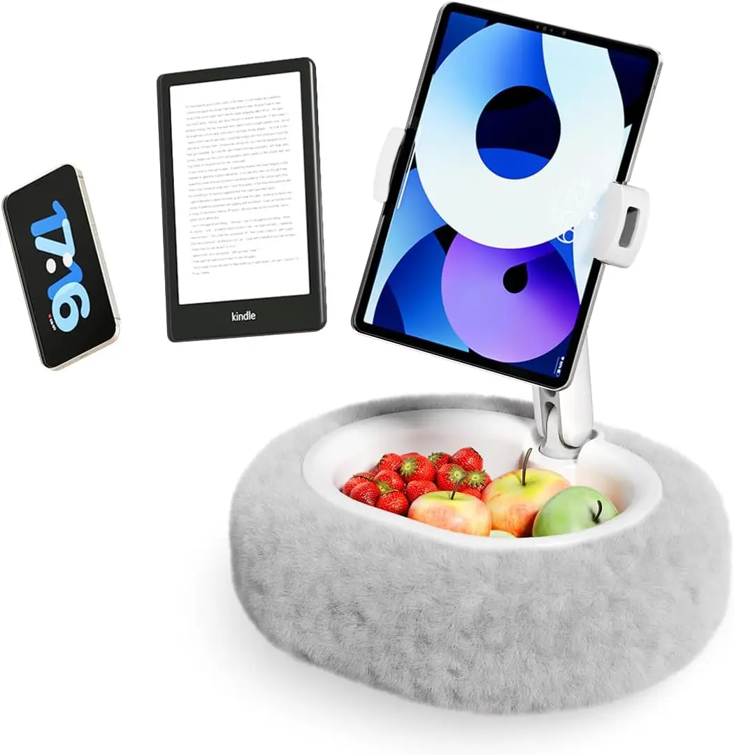 

Soft Grey Fuzzy Tablet Holder with Storage Bowl, Hands-Free Lap Stand for Bed & Couch - Compatible with Kindle, iPad, Phones