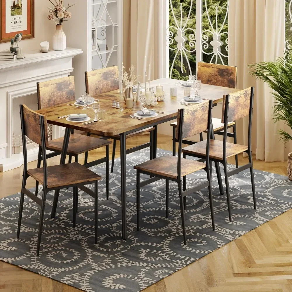 63” Extendable Dining Table Set, 7-Piece Dining Table Sets for 6 People with 6 Chairs, Wood Board Kitchen Table Set