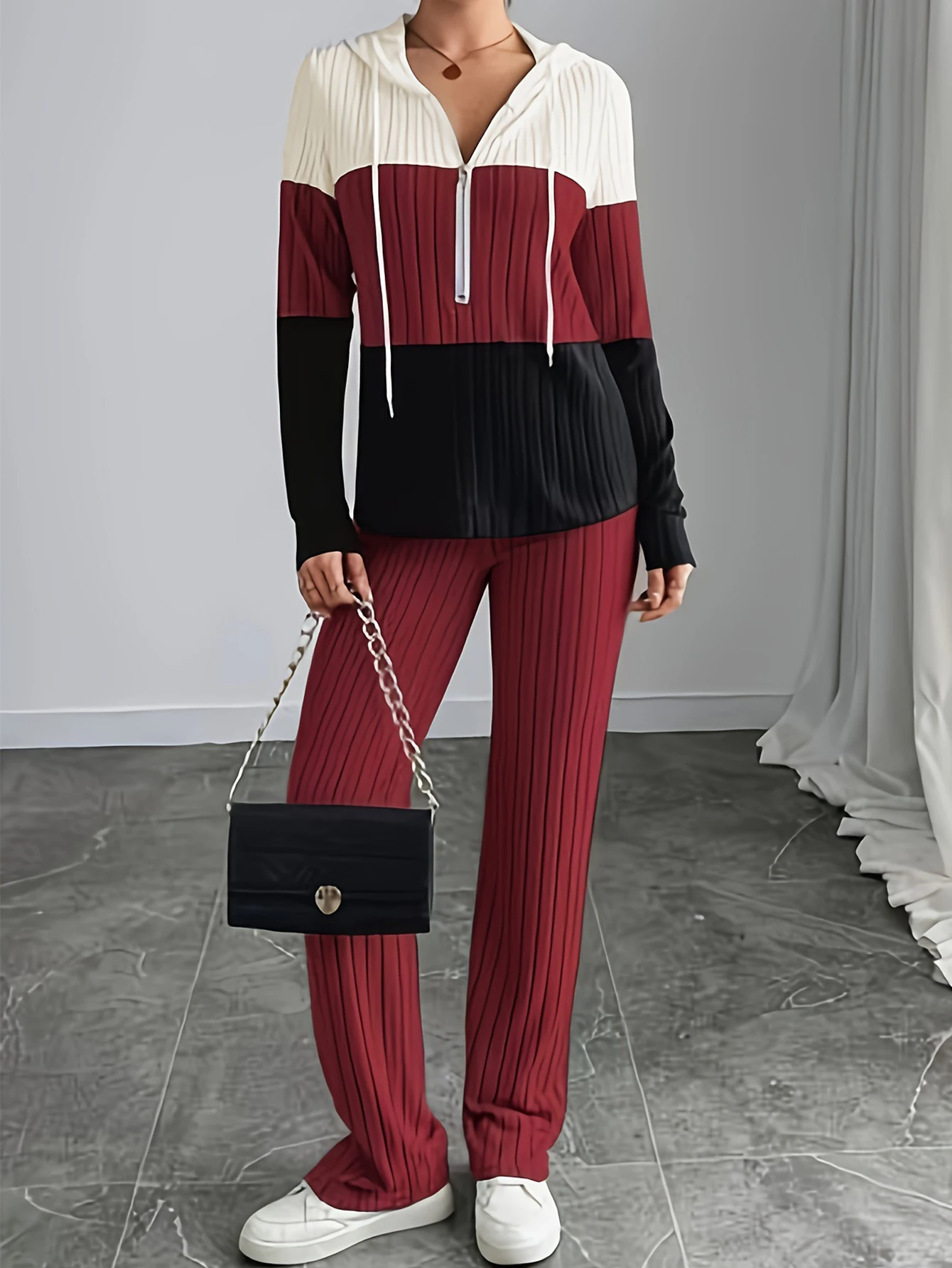 秋のレディースセットファッションベーシックコントラストカラー長袖フード付きドローストリングジッパーナチュラルウエストアンクルストレートセット