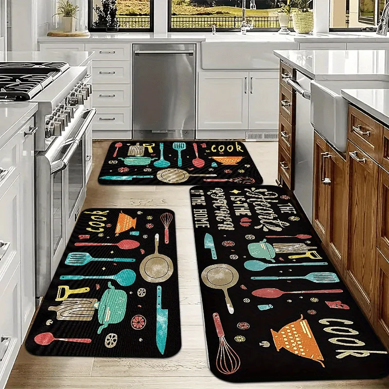American Retro Kitchen Rug Soft Non-Slip Floor Mat Illustration Style Utensils Decor Carpet for Living Room Hallway Kitchen