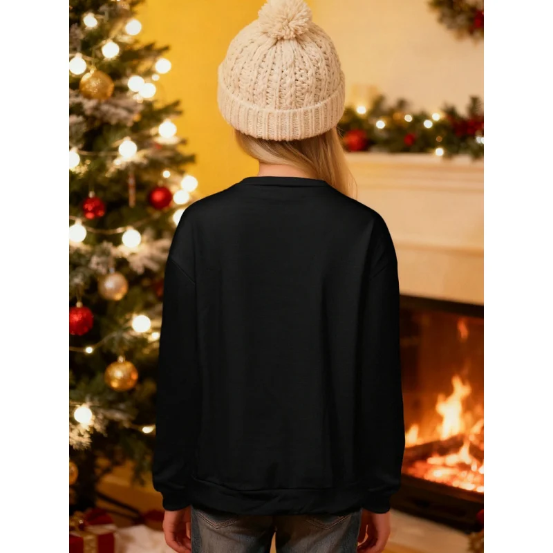 Girls' Black Christmas Sweatshirt 2026 Kids' Festive Top with Gold Christmas Tree And Snowflake Print round Neck Long Sleeve