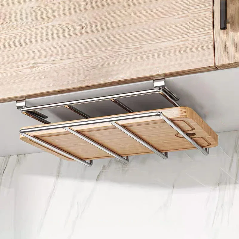 Soporte organizador para tabla de cortar debajo del gabinete, tabla de cortar colgante para cocina, tapa para olla, estante de almacenamiento de utensilios de cocina de acero inoxidable