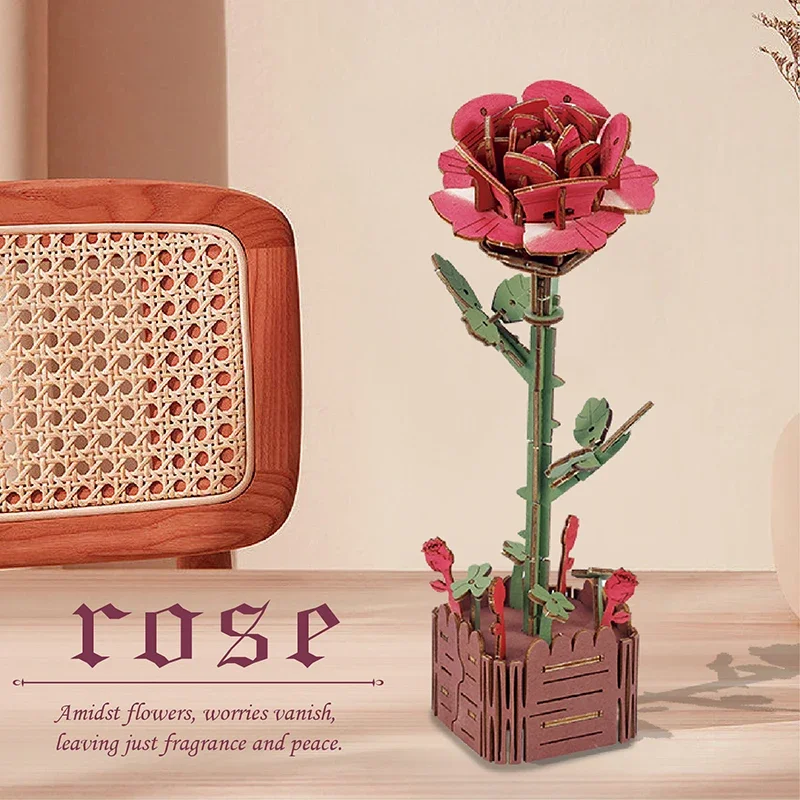 Adornos decorativos de escritorio, rompecabezas en maceta de flores, bricolaje de madera 3D, rosa de girasol ensamblada, juego de juguetes de bloques de construcción, regalos para niños