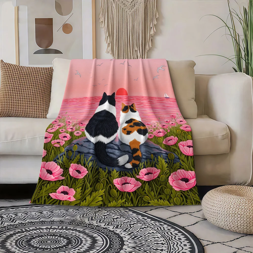 1pc Seaside Kitten Pattern Flannel Blanket, Nap Blanket, Lap Blanket, Air Conditioning Cover