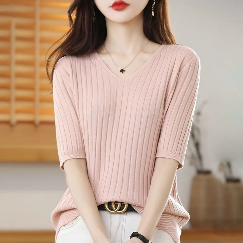 Elegant V-neck Pullover Sweater Spring Summer Ribbed Short Sleeve Top Solid Color Basic Korean Fashion Style Women Clothing