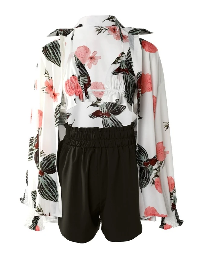 Summer Casual Women's Three Piece Plant Printed Shirt Jacket Paired with Shell Suspender Top and Casual Shorts Women's Set