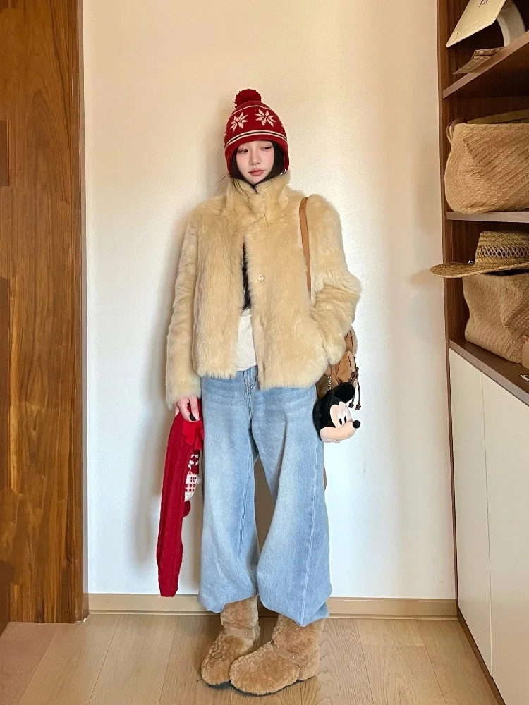 

Women's Fleece Lined Straight Leg Jeans High Waist Zipper Closure Casual High Waist Thickened Winter Wide Leg Pants