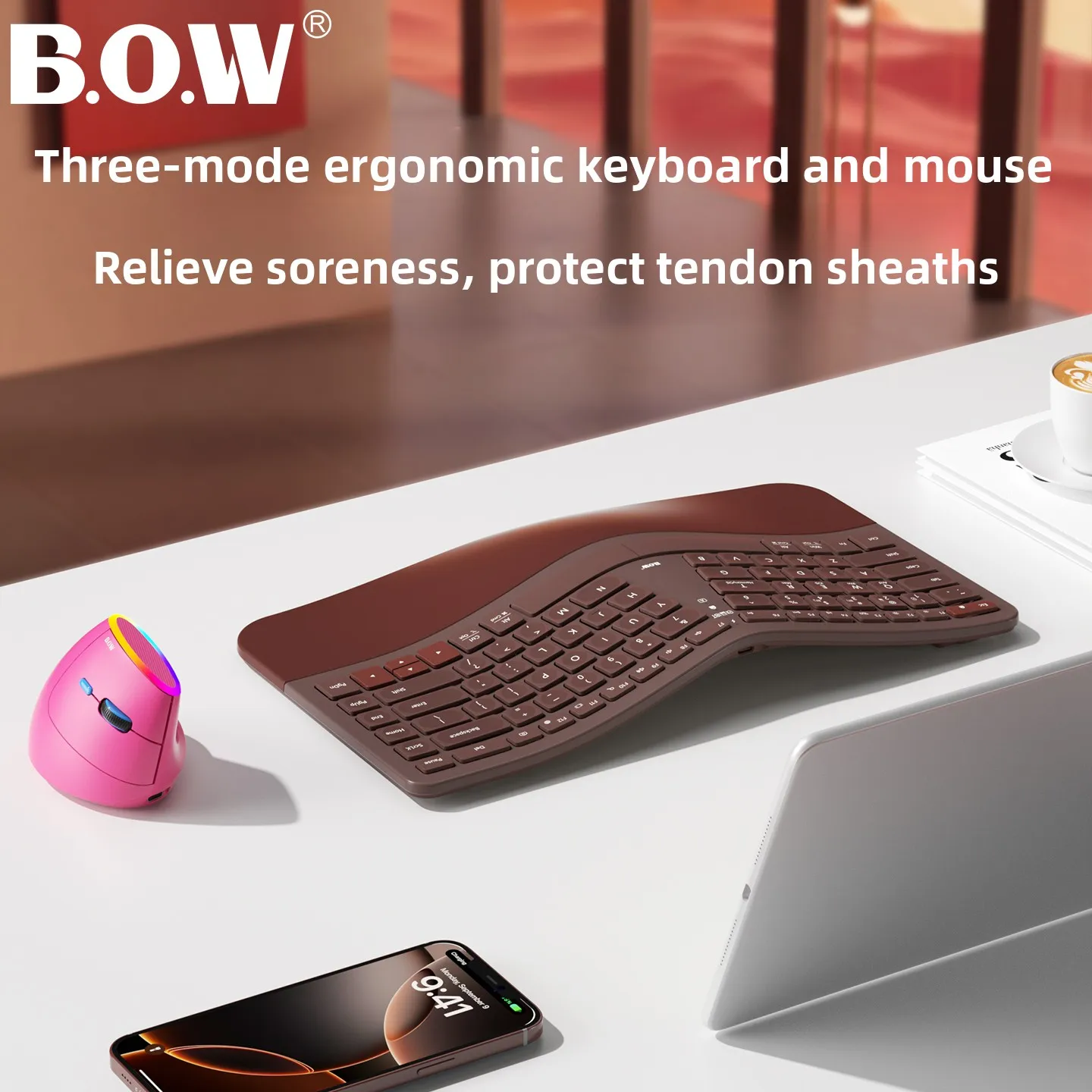 Custom BOW Hangshi Ergonomic BT Wireless KB+Mouse Set, Compatible with Huawei Lenovo Apple Laptop Desktop, 2.4G Optional