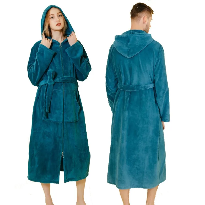 Winter Thicken Flannel Long Couples Robe Nightgown Men And Women Hooded Bathrobe Sleepwear Loose Warm Coral Fleece Home Clothes