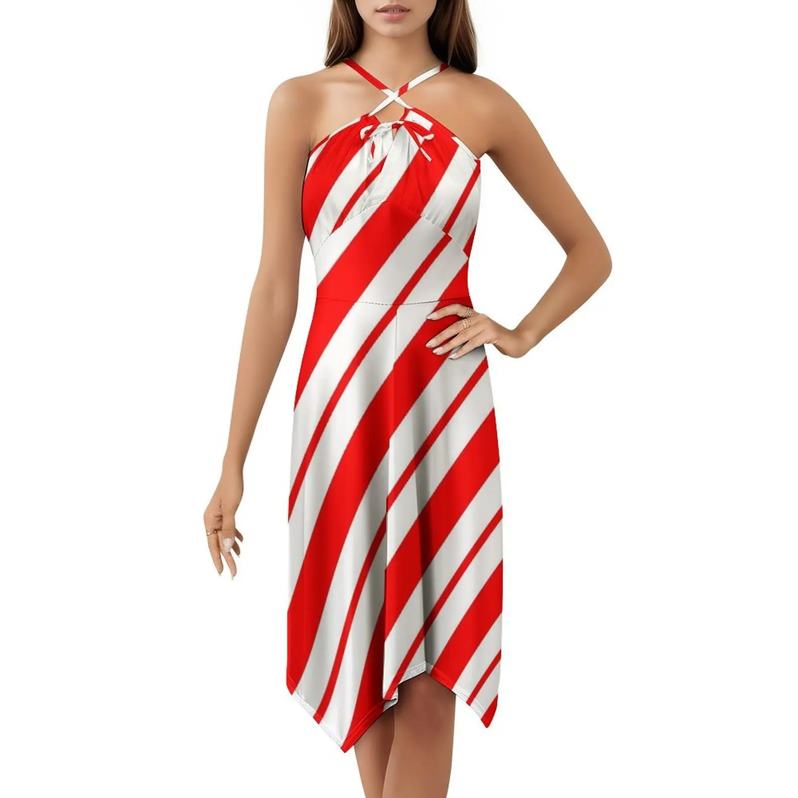

Мини-платье в мятную полоску в консервативном стиле для женщин, свободное повседневное платье трапециевидной формы, мятое, конфетная трость, конфеты, красный, белый цвет
