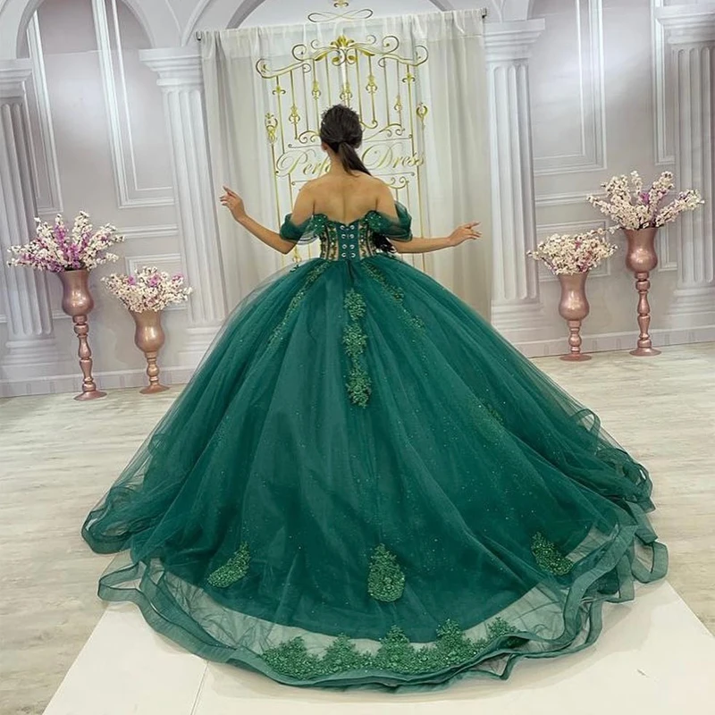 ANGELSBRIDEP Green Glittering Luxury Crystal Quinceanera Dresses Off Shoulder Birthday Party Ball Gown Vestidos de 15 años