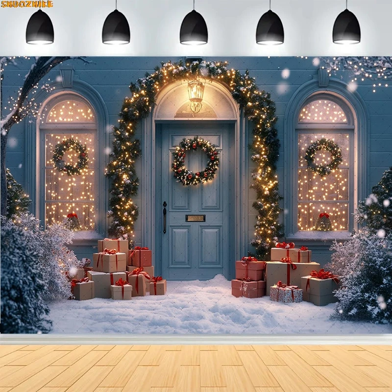 

Christmas Day Wreath Family New Year Party Photography Backdrops Prop Window Living Room Xmas Tree Gift Snow Background WD-08