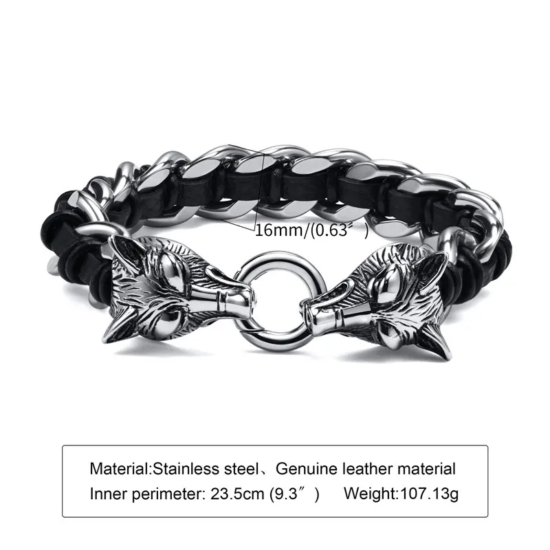 Punk Stainless Steel Mens Wolf Head Chain Bracelet Interwoven with Black Genuine Braided Leather Bracelet for Male Birthday Day