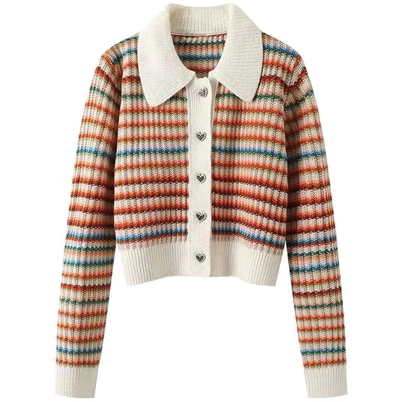 

Women's Colorful Striped Knitted Cardigan Short Spring Autumn Vintage Stripe Sweater Fashion Slimming Flip Collar Loose Top