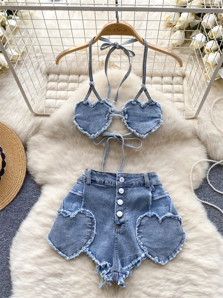 2024 New American Hotsweet Sets Halter Sleeveless Backless Love Tops+High Waist Button Basics Shorts Fashion Sexy Denim Suits