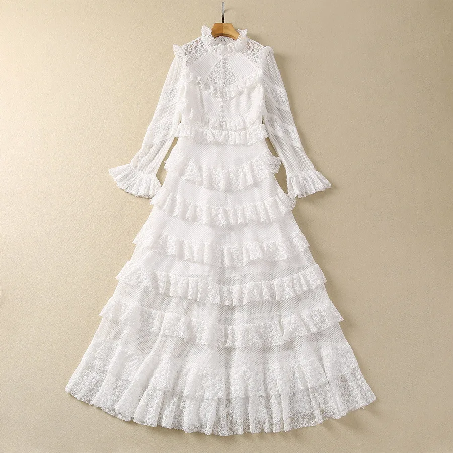 European and American women's clothes 2024 spring new Stand collar Flared sleeve long sleeve white lace Fashion pleated dress