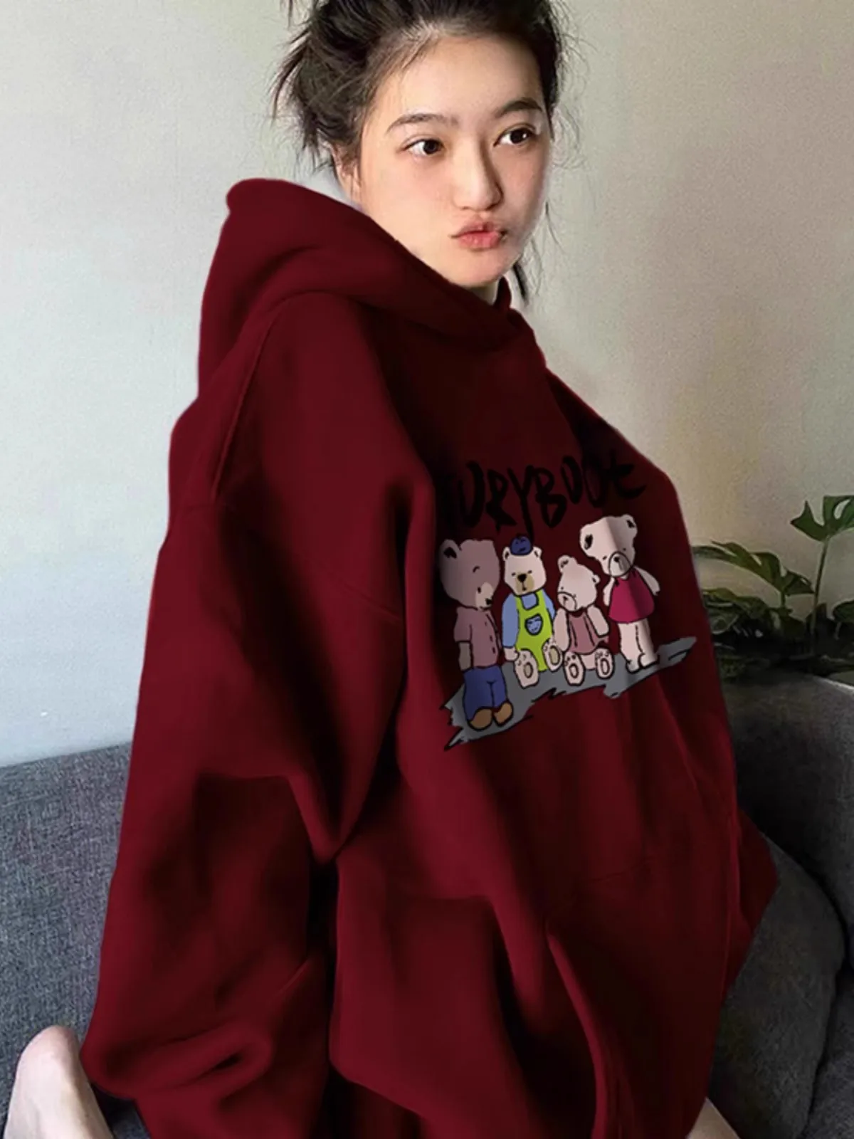 Spring and Autumn Thin Burgundy Hooded Sweatshirt Women\'s 2024 Hot Style American Retro oversize Lazy Style Jacket