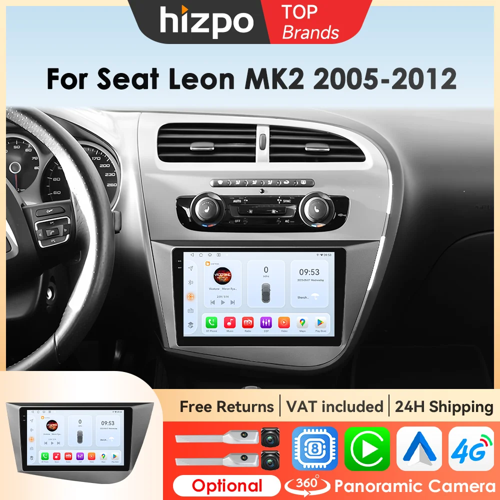 Hizpo 2 Din Android Autoradio per Seat Leon 2 MK2 2005 - 2012 Lettore multimediale Stereo Wireless Carplay GPS RDS 4G Unità principale BT