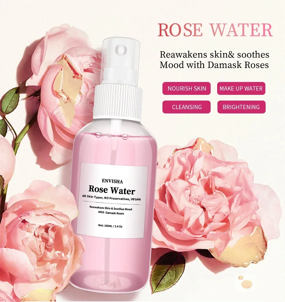 ENVISHA agua de rosa para el rostro tóner Facial esencia de pétalos de rosa orgánica suero hidratante refrescante elástico reduce los poros cuidado de la piel