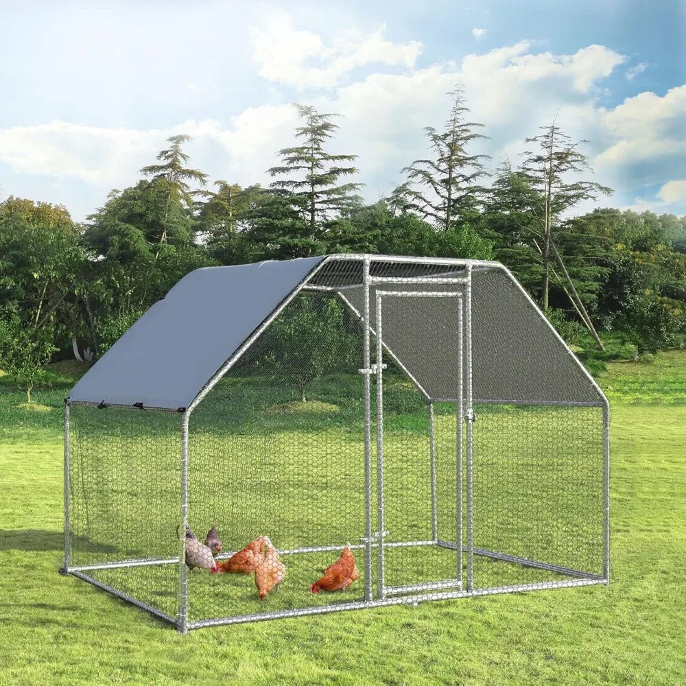 

Large Metal Chicken Coop Walk-in Poultry Cage Chicken Run House, Flat Shaped Duck Hen Pen with Water-Proof Cover for Outdoor