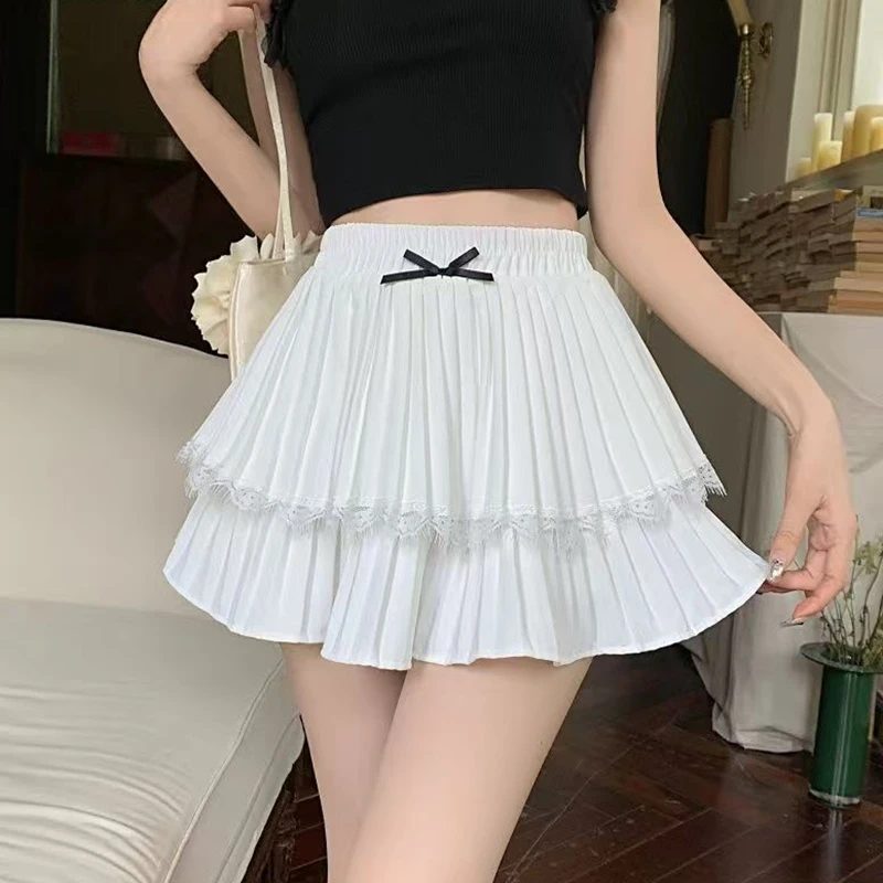 

Women Ruffles Pleated A-Line Mini Skirt Summer Lace Patchwork Cake High Waist Slim Skirt Shorts Female Sexy Korean Kawaii White
