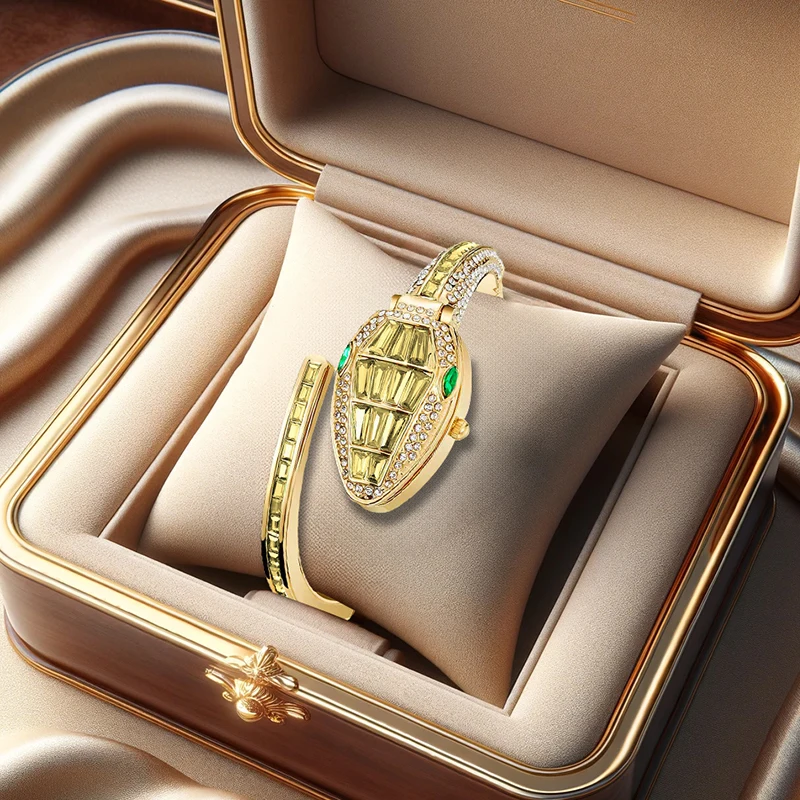 

A women's luxury vintage-style gold-tone quartz snake bracelet watch with diamonds, high aesthetic value, and unique design