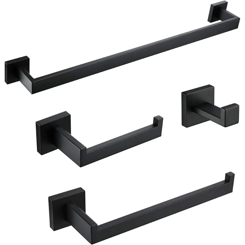 

Matte black bathroom accessory set (4 pieces), stainless steel bathroom towel rack set, black wall-mounted towel bar.