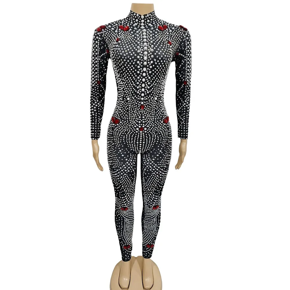 Women Sparkly Rhinestones Pearl Tight Jumpsuit for Celebrity Birthday Luxury Evening Party Rompers Bar Singer Stage Show Costume